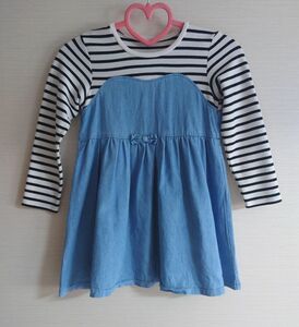 アカチャンホンポ SiMPLE FREE 子供服 女の子 ボーダー柄 白 黒 デニム 水色 長袖 ドッキングワンピース 120cm