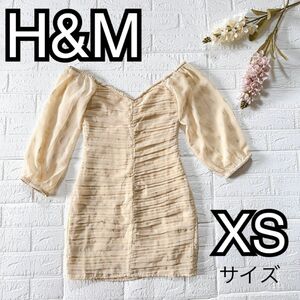 【美品】H＆M エイチアンドエム 袖付き タイト ミニワンピース ベージュ