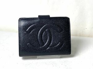 908 美品CHANEL (シャネル) 財布 がま口 ココマーク キャビアスキン レザー ブラック ヴィンテージ レディース シール有　ウォレット