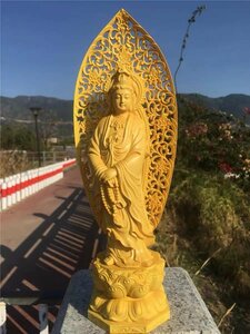  on goods / beautiful Buddhism handicraft tree carving Buddhism hinoki cypress material precise sculpture ... finishing goods . sound bodhisattva . image height 27cm