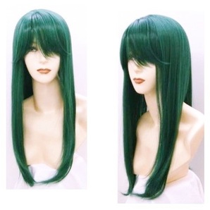 (送料無料)ロング コスプレウィッグ(spg70-TF ダークグリーン 緑 ウィッグネット付)かつら ハロウィーン コミケ まんが 仮装 撮影会 舞台