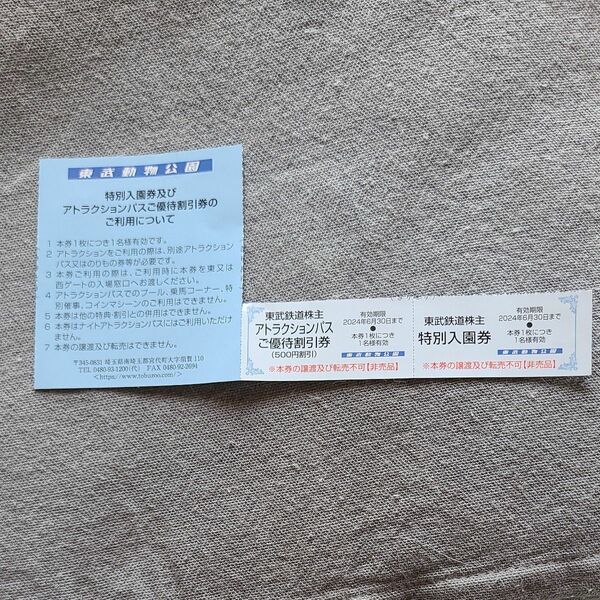 東武動物公園 特別入園券1枚+アトラクションパス500円割引券1枚セット