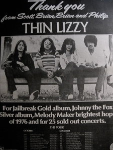 THIN LIZZY(シン・リジィ) f/Phil Lynott◎THANK YOU FROM ... ◎感謝広告＆UKツアー告知◎MELODY MAKER 原紙[1976年]