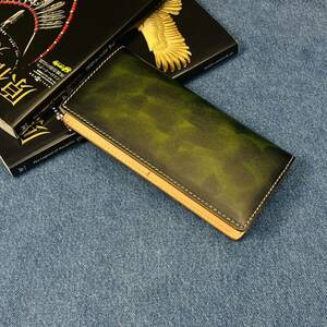 [.. strongest ] green folding in half long wallet Italy production mat -ne leather men's purse long wallet hand made man long wallet free shipping original leather cow leather 
