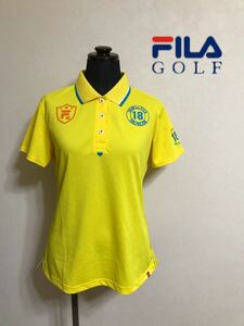 【良品】 FILA GOLF フィラ ゴルフ ウェア レディース ドライ ポロシャツ トップス ワッペン サイズL 半袖 イエロー 黄色