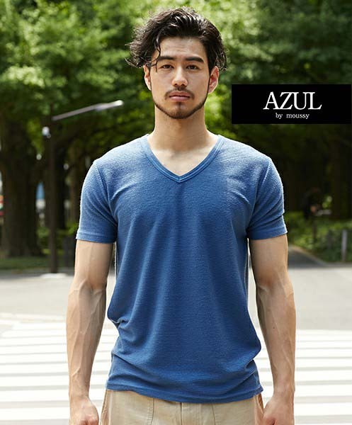 AZUL BY MOUSSY Vネック Tシャツ 杢スラブタック天竺 L ブルー