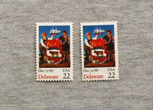 USA319　アメリカ　1987年　憲法批准200年デラウェア州　「州の紋章」　22セント　１種　単片切手2枚