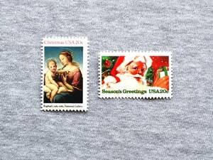 USA277　アメリカ　1983年　クリスマス 聖母子「ラファエロ画」、サンタクロース　20セント　2種　単片切手2枚