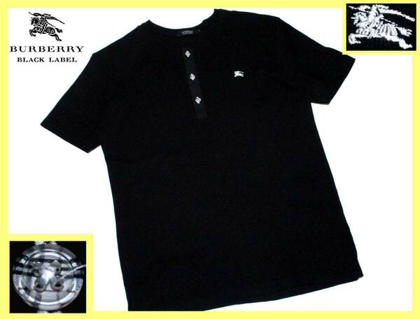 バーバリーブラックレーベル BURBERRY BLACK LABEL ホース刺繍 ノバチェック柄ボタンデザイン ヘンリーネック Tシャツ 日本製 M(2)