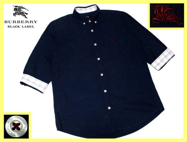 大人気サイズ L(3)美品 バーバリーブラックレーベル BURBERRY BLACK LABEL ホース刺繍 襟内・袖口裏ノバチェックデザイン 7分袖 シャツ