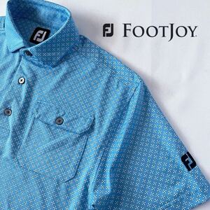 (美品) フットジョイ FOOTJOY 吸汗速乾 ストレッチ ポロシャツ M ブルー ホワイト ネイビー 総柄 サラサラ 半袖 ゴルフ ドライ 総柄 シャツ