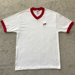 90's USA製 SOFFE ソフィー Vネック リンガー Tシャツ ホワイト/レッド LARGE ビンテージ MADE IN USA 刺繍ロゴ 50/50 90年代 80s
