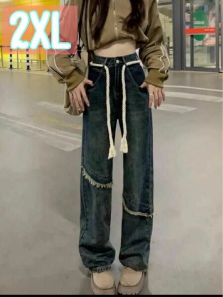 ハイウエスト デニム ジーンズ ワイド パンツ 韓国 2XL ボトムス 大きいサイズ
