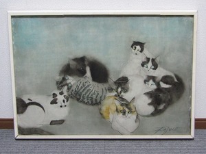 FG11-5846[VOX] 銀座澁谷画廊 55万購入品 猫たち 日本画 彫刻 サイン入り 作者不詳につき画像にてご判断下さい
