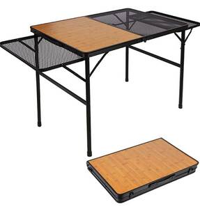 キャンプ テーブル メッシュ サイドテーブル付き 2-4人用 アウトドア テーブル 木製 軽量 高さ2段階調整可能 折りたたみテーブル コンパ