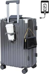 スーツケース キャリーケース Mサイズ USBポート付き キャリーバッグ カップホルダー付き 隠しフック機能 充電機能 ダブルキャスター