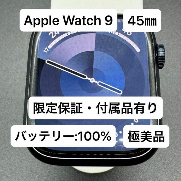 極美品 Apple Watch 9 GPSモデル 45mm ミッドナイトアルミニウムケースとスポーツバンド 付属品 限定保証有り