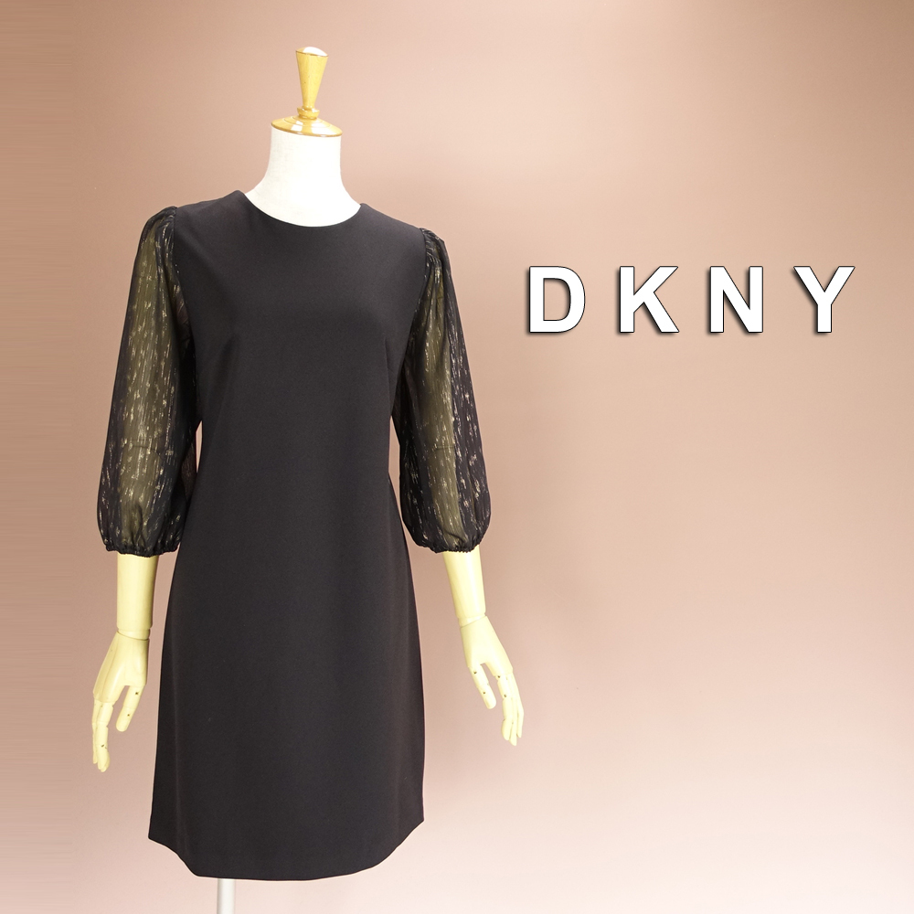 【DKNY】プリント シフォンドレス 半額セール☆新品 DKNY 8/13号 ダナキャラン 黒 シフォン