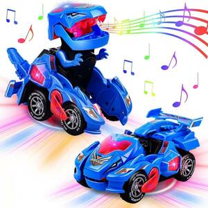 #1 ブルー 恐竜 変形ロボット 車 おもちゃ 変形 変身 LED 光音付き おもちゃの車を歌う 子供のおもちゃ 一体型 自動変形