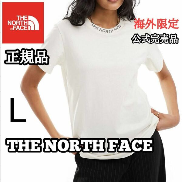 ノースフェイス Tシャツ レディース首元 ロゴ リブ 半袖 M L ホワイト THE NORTH FACE コットン