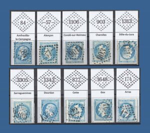 フランス 1865年・10個の切手ナポレオンIII 20c・番号順およびフランスの市町村によって整理された・切手 綺麗に明瞭に消印されている