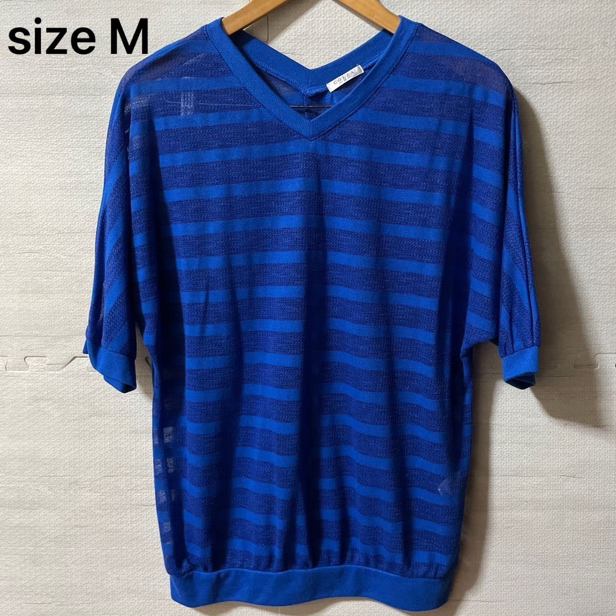 ●トップス ドルマンスリーブ Mサイズ ブルー系 ボーダー レディース