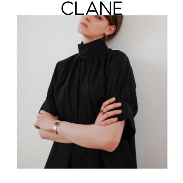 CLANE STAND UP COLLAR GATHER TOPS ブラック スタンドアップカラーギャザートップス ブラウス 黒