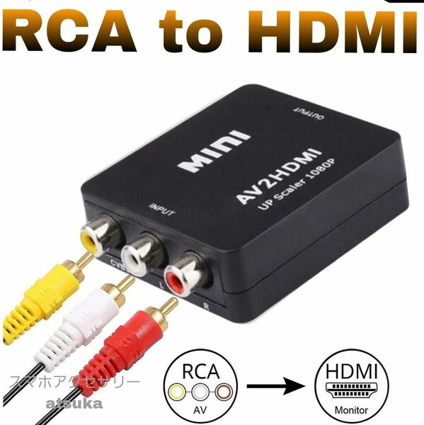 RCA to HDMI コンバータ AV 出力 変換器 変換 アダプター コンポジット PS2 スーパーファミコン Wii 黒