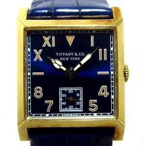  Tiffany wristwatch Tiffany square 63182664 men's K18YG/ leather belt / limitation 9ps.@(3/9)/ reverse side ske/ after market buckle navy blue 