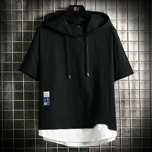 メンズパーカー 半袖パーカー メンズ トップス アウトドア メンズファッション 半袖 切り替え 夏服 冷感 フード付きtシャツ ブラックL