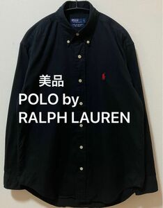 美品　POLO by RALPH LAUREN ラルフローレン　ポニー刺繍　ボタンダウンシャツ　　無地ブラック長袖シャツ