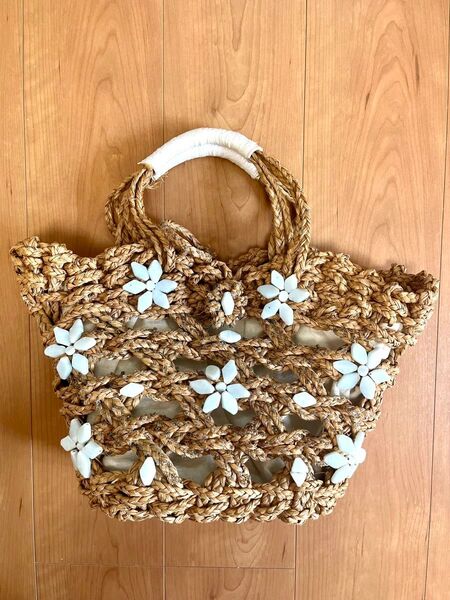 かごバッグ*. FACONDINI ファコンディーニ 石付きバッグハンドバッグ 皮付き取っ手.*