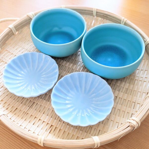豆皿 4枚セット 小鉢 トルコブルー お花 菊型お皿 小皿 和食器 食器セット