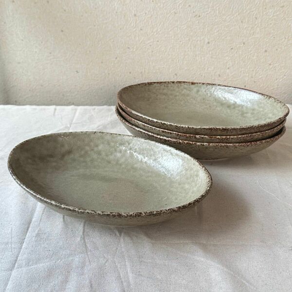 【4枚】新品 日本製 美濃焼 オーバル 楕円皿 深皿 カレー皿 パスタ皿 灰釉