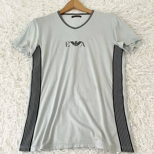 希少カラー【EMPORIO ARMANI】 エンポリオアルマーニ 半袖 Tシャツ ブランドロゴ 美品 Lサイズ ブルーグレー メンズ 50 ラインテープ