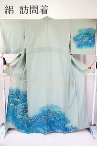 【着物フィ】絽 訪問着 夏着物 淡い青黄緑 風景柄 身丈158cm 裄丈64cm 仕立て上がり 正絹 カジュアル kimono m-6097