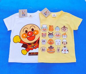 新品　95cm　アンパンマン　それいけ!半袖Ｔシャツ2枚セット　飛び出せ柄ホワイト×16キャラ柄イエロー　 