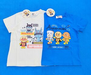 新品　110cm　アンパンマン　半袖Ｔシャツ2枚セット　だだんだん柄アイボリー×３人柄ブルー