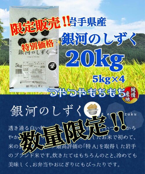 米　特別限定価格！5%OFF！早い者勝ち！【岩手県産銀河のしずく20kg】5kg×4 6年連絡で最高の特A評価を獲得♪