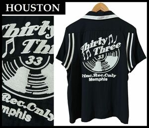 ■ HOUSTON ヒューストン 40012 レコード ミュージック チェーン ステッチ 刺繍 THIRTY THREE レーヨンポリ 半袖 ボーリング シャツ 黒 L