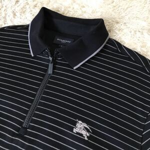バーバリーゴルフ　BURBERRY GOLF サイズ4 ハーフジップ 半袖ポロシャツ ゴルフウェア ボーダー　ホースロゴ　黒　ブラック