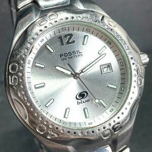 FOSSIL Fossil blue blue AM-3572 wristwatch analogue quarts calendar stainless steel silver new goods battery replaced operation verification settled 