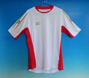 P2MA5015mizunoウエア★ミズノ ランニング プラクティス半袖フィールドシャツ（ホワイト×レッド×ゴールド）サイズXL
