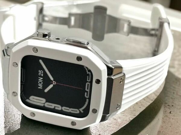 ZS★アップルウォッチバンド ラバーベルト カバー Apple Watch ステンレスケース 44mm 45mm メンズ レディース