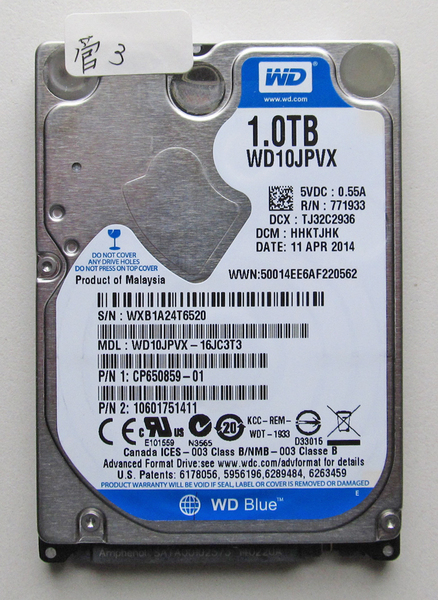 ★送料無料★ノート用HDD 2.5インチ 1TB ★ 2347時間 ★ Western Digital ★ WD10JPVX 1TB ★ 管3