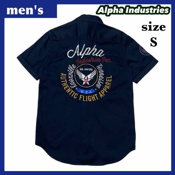 Alpha Industries アルファインダストリーズ 半袖 ワークシャツ メンズ サイズS ネイビー 刺繍 ワンポイントロゴ