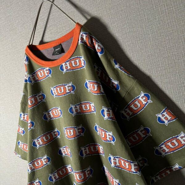 デザイン最高★HUF ハフ 半袖スウェット 総柄 リブライン L程度 好配色 レアデザイン 生地しっかり 文字ロゴ カーキ オレンジ