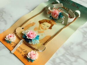 * free shipping * rare Japan Vintage cell Lloyd Japan retro accessory flower rose rose necklace bangle brooch 3 point 