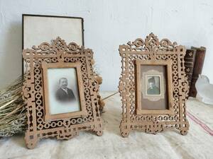  France antique wooden equipment ornament photo stand frame 2 point set glass attaching 1900 year 