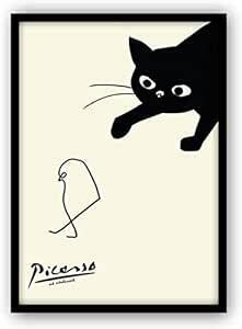 ピカソ ネコとひよこ フレーム付き ポスターaoipro (黒フレーム, A4サイズ（23cm×31cm）